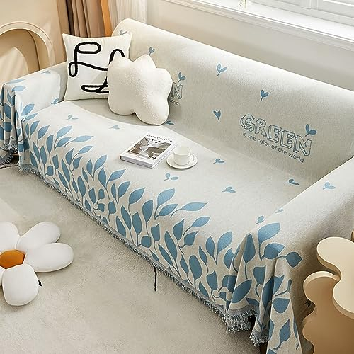 Homxi Sofahusse 4Sitzer,180x420CM,Sofahusse Überzug Blattmuster mit Quasten Sofa Überwurfdecke Chenille Sofa Handtuch Blau Couchbezug Decke