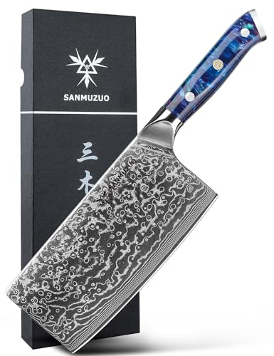 SANMUZUO Damas Couteau de Chef Chinois avec Lame 18 cm Professionnel Couteaux de Cuisine en VG-10 67 Couche Damas Acier avec Poignée en Résine(Bleu Saphir) - Xuan Série