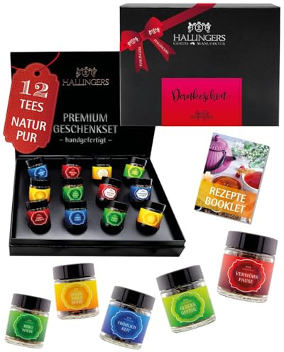 Hallingers Genuss Manufaktur Tee Geschenkset Dankeschön - 12 Sorten Premium loser Tee im Glas in edler Geschenkbox, vegan & glutenfrei, Tee Set Dankeschön Probierset, Geschenkidee Frauen Weihnachten