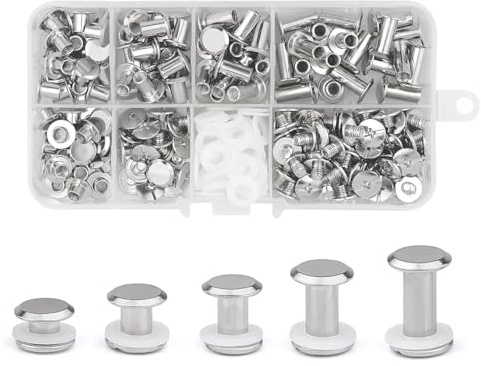 CANGCANG 100 Satz Buchschrauben Edelstahl, Chicago Buchschrauben M5*4/6/8/10/12mm kit 5 Größen Schraube Metallzubehör Nägel Nieten Chicago Button für Gürtel Menüs Buch Papier DIY Basteln ﻿ (Silber)