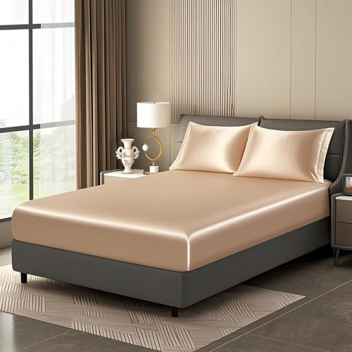 Luowei Satin Spannbettlaken 160x200cm Seidig Kühlend Sommer, Khaki | Seidiger Glanz Boxspringbett Spannbettlaken, Weich und Komfortabel, mit Rundum-Gummizug für 25-30 cm höhe matratze
