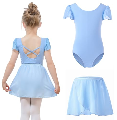 Bezioner Ballettkleidung mädchen mit Abnehmbarem Ballettrock Tanzbody Puffärmel Balette Kleidung Mädchen Ballettanzug Kinder Blau 140(10-12 Jahre, 140-150 cm)