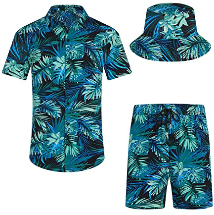 SPKPKEY - Set coordinato da uomo con camicia hawaiana e pantaloncini, 2 pezzi, in stile casual, con bottoni, per la spiaggia estiva, con cappelli a secchiello, M