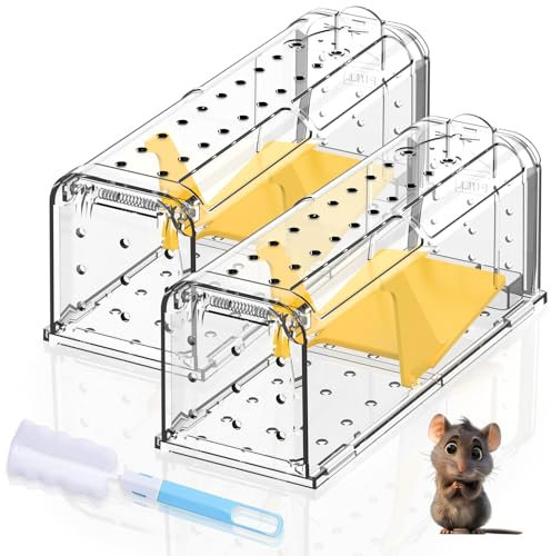 Humane Mouse Traps for Indoor Outdoor: Mouse Traps for indoor, Pets and Children Friendly, Live Catch and Release Includes Cleaning Brush, Washable, Reusable Rodent Mouse Trap No Kill (2, Yellow)