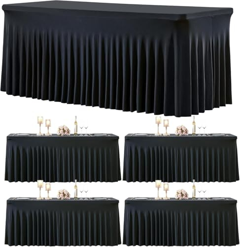 4-Pack Schwarz Spandex Elastisch Tischdecke mit Rock, Faltenfreie Fitted 1.8m Rechteck Tische Black Stretch Tischdecken für Parteien Hochzeiten Geburtstag Bankett Baby Dusche