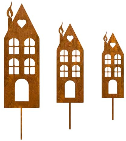 Ricihene Häuser 3er Set Gartendeko Roststecker,Häuser Garten Pfahl Patina Metall Haus Rost Pfahl, gartendeko für Garten Dekorat