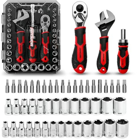 ironcube 53-Piece Socket Ratchet Wrench Set, with 20-In-1 Ratcheting Screwdriver & 2-in-1 Adjustable Wrench for Garage, Auto Repair, Household Backyard & College Dorm