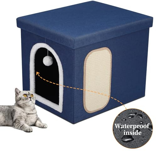 4 in 1 Faltbar Katzentoilette Möbel Hocker für Verstecktem Katzen-Waschraum, Katzenhöhle Sitzbank, Aufbewahrung, Katzentoilette-Umzäunung Möbel Katzenklo haus mit wasserdichter Innenseite, 55*45*45 cm