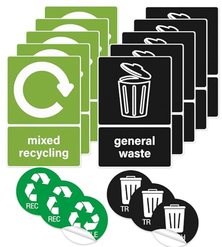 Recycling Stickers for Bins,Recycling Bins Stickers Self Adhesive,Bin Labels, Bin Sticker,Vinyl Waterproof General Waste Decals Removable Mixed Recycling Signs for Outdoor Kitchen