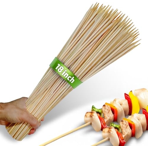 100pcs 18 long Bamboo Skewers Sticks for Grilling BBQ Kabob Barbecue Marshmallow Roasting Stick Thick Natural Wooden Smore Sticks Craft (18 inch)
