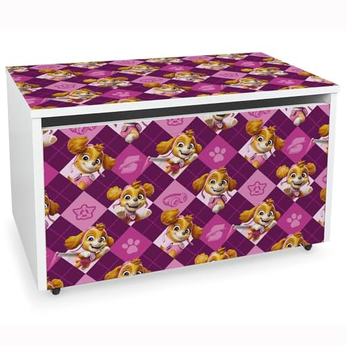 Furni masters Paw Patrol Spielzeugkiste mit Rollen Truhe 71x40x46cm mit Skye 01 Aufbewahrungsbox mit Deckel für Kinder für Kinderzimmer Spielzeugtruhe auf Rädern mit Sicherheitsscharnieren