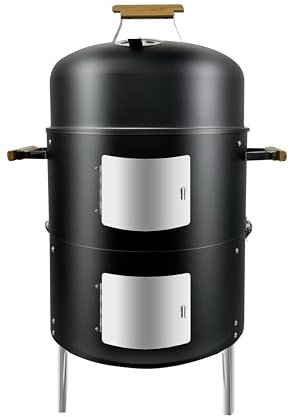 Joyagrill XL (58 x 45 x 87,5 cm), barbecue à fumoir 3 en 1, barbecue au charbon de bois, fumoir, fumoir, fumoir à deux portes avec couvercle et poignées en bois, support de fumage, 2 grilles en acier