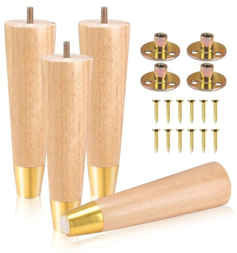 COEWUR 4 Pcs Wooden Furniture Legs 8inch/20cm Sofa Leg Solid Wood Legs for Furniture Feet Wooden Table Leg Replacement for Dresser Bed Stool Cabinet Chair Couch with Gold Caps,Pad,Screws,Plates