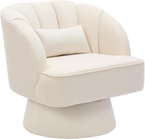 OPULENTHOME Poltrona girevole moderna in velluto a 360 gradi con schienale a righe e imbottitura in peluche, comoda poltrona rotonda per soggiorno, camera da letto, angolo lettura, beige