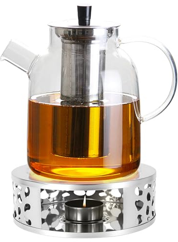 Théière avec Infuseur, 1,8l Grande Théière en Verre avec Réchaud, avec Infuseur Amovible en Acier Inoxydable, pour Thé en Vrac Et Sachets, Passe Au Lave-Vaisselle et Tient Au Chaud