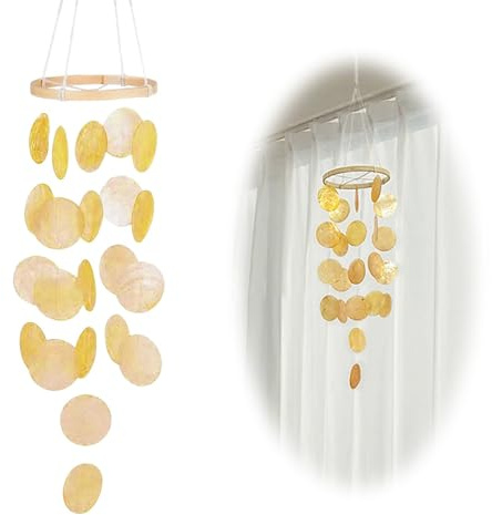 ZHITENG Carillón de Viento de Conchas, Carillones Campanas de Viento para Exteriores 73 cm Hecho a Mano Campanillas Windspiel con Conchas, Decoración para Ventanas Balcones Jardines (Amarillo)
