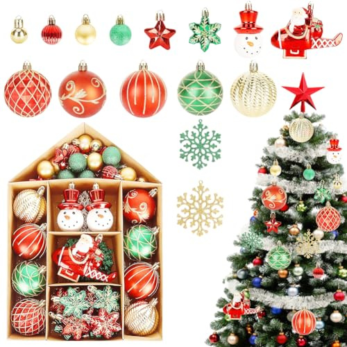 70 Stück Weihnachtskugeln,Rot&Grün Christbaumkugeln Weihnachtsbaumkugeln,15 Verschiedene Design Christbaumkugeln Kunststoff,Weihnachtsbaumschmuck,Mehrweg Baumkugeln Weihnachten Christmas Tree Baubles