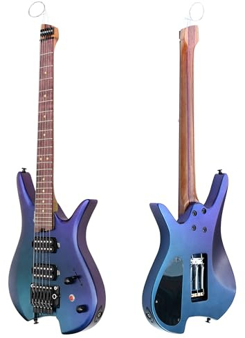 Chitarra elettrica da viaggio senza testa, 6 corde, sistema tremolo a doppia chiusura, finitura color camaleonte con custodia