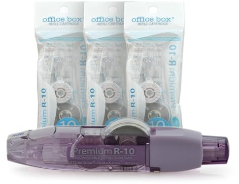 office box Corrector en Cinta Premium R10 Recargable – 10 m x 4,2 mm – Retráctil, Escritura Inmediata, Invisible en Fotocopias – Value Pack 1 Corrector + 3 Recambios = 40 m de cinta. (Pack 3 + Lila)