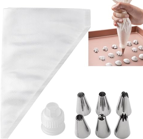 100 Pcs Small Piping Bags Disposable,Piping Bags and Nozzles,Piping Set,Icing Piping Kit with 6 Pcs Reusable Nozzles,1 Couplers,Icing Bags,for Cake Cupcake Dessert Cookies Decoration(25x16.5cm)