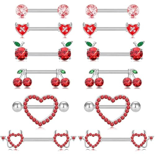 EDLMKM 6 Pairs Nipple Piercing Jewellery, Nipple Bars, Piercing Jewellery, Nipple Bar, Heart Shape Devil Cherry Apple Body Nipple Bars Surgical Steel, Body Piercing Jewellery
