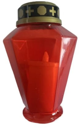 LUMINO VOTIVO CIMITERIALE A LED EFFETTO FIAMMA LUCE GIALLA A BATTERIE 2AA FORMA PIRAMIDE PLASTICA COLORE ROSSO