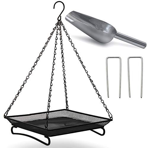 Ardner Ground and hanging bird seed feeder mesh dish tray 10.8 x 10.8 inch platform for ground feeding birds. Includes chain to hang, ground stakes to hold in ground and stainless steel seed scoop.