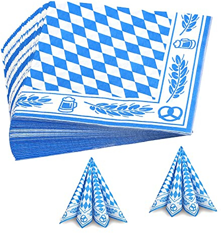 YOLOUP 40 pcs Bayern Servietten Oktoberfest Deko blau & weiß kariert Tissue | 33 x 33 cm Dekoservietten mit Bier, Weizenähren, Brezel Muster für Münchner Oktoberfest Bierzelten Tischdeko