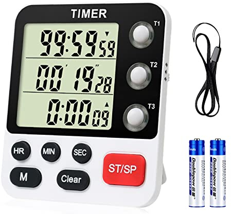 QINFIEY - 3 Channel Digital Kitchen Cooking Timer, Multiple Timer with Large LCD Display Count Up & Down, Stopwatch with On/Off Switch