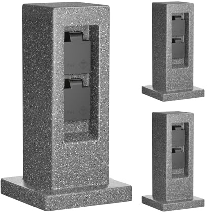 ledscom.de 3x Garten Steckdosensäule POCK für außen, IP44, 2-fach, anthrazit (Stein-Optik), eckig, 30 cm