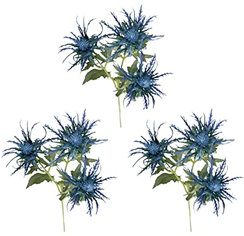 MISNODE Mazzi di fiori artificiali di cardo, 3 confezioni finte spray per piante Eryngium Foetidum rami, falsi gambi lunghi marini agrifoglio spina sedano mazzo di fiori, blu