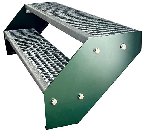 Kaminbau Mierzwa Premium Stahl Treppe Verzinkt & Grün Pulverbeschichtet 2 Stufen (Breite 120 cm) (Höhe 38 cm) Wetterfest Gitterroststufe Gartentreppe