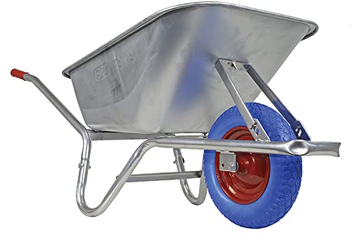 BPA Schubkarre Vollgummi mit Vollgummirad Vollgummireifen Bauschubkarre Schubkarren pannensicher Scheibtruhe Gartenkarre | 100 Liter Mulde verzinkt | PU Rad blau mit Kugellager