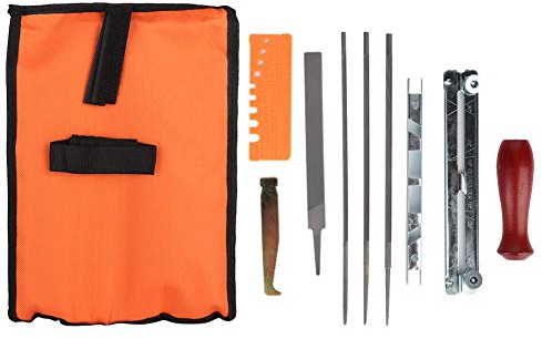 kit de limes (lime plate,Affûteur de tronçonneuse, limes rondes pour tronçonneuse, jauge de profondeur, guide de lime, jauge de vérification rapide, nettoyeur, poignée, pochette) chaînes lames et