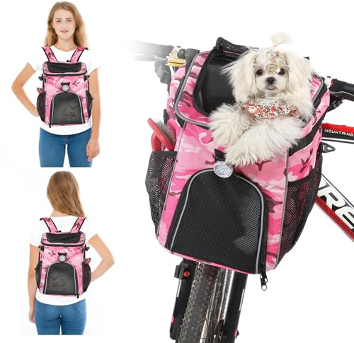 PETCUTE Zaino per Gatti,Pieghevole Borsa da Bicicletta per Cani con Nastri Riflettenti e luce,Staccabile Cestino per Bici per Cani con Tasche Portaoggetti,Adatto per Viaggiare
