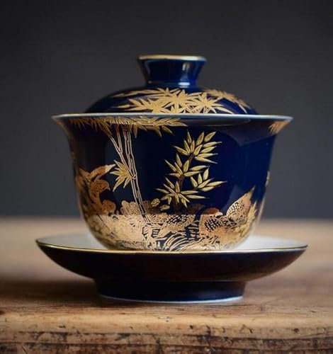 VIXDA Sopera de té de cerámica esmaltada en Oro Pintada a Mano, Cubierta de Sancai con Esmalte índigo, Cuenco para Taza de té Kungfu Gaiwan, Tetera