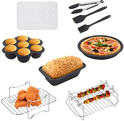 Hensych Accessories Set of 9 for Ninja Dual Air Fryer,Double Basket Air Fryer Accessories with Air Fryer Liners,Cake & Pizza Pan,Grill Rack,Egg Tray,Food Clip,Oil Brush,Silicone Spatula