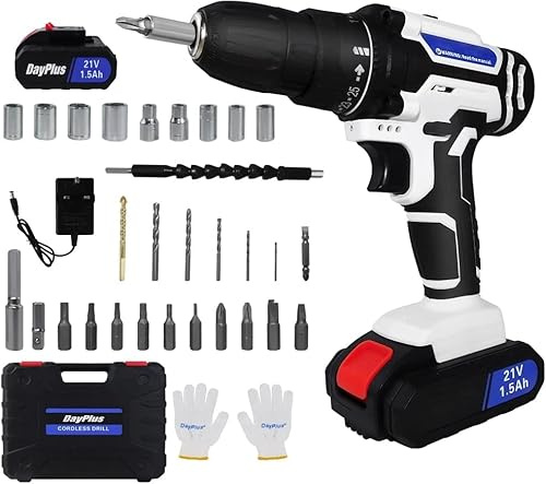 21V Cordless Drill Set with 2-Speed, 25+1 Torque, Max 45Nm Screwdriver, Combi Drill with 3/8 Chuck, 1500 mAh Li-Ion Battery, Charger, 26pcs Drill Bits