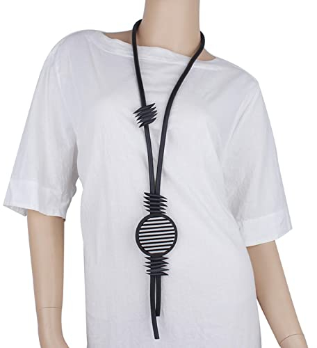 Bysonglezai Halskette Damen Ketten Anhänger Frauen Geschenk Große Gestreifte Runde Anhänger Halskette Punk Gummiseil Lange Halskette Goth Style Kleidung Accessoires Geschenk Schwarz