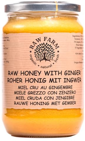 Raw Farm - Miel cruda con jengibre y cúrcuma - 900 g - sin filtrar, sin calentar, 100% natural, de una sola fuente