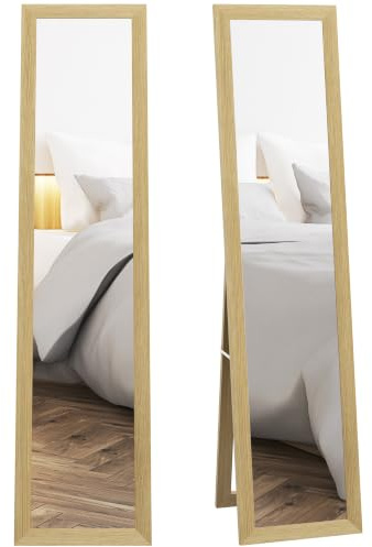 HOMCOM Full Length Mirror, Hanging or Freestanding, 37 x 157 cm, Natural | Rectangular Tempered Glass, Full Body Mirror with Frame, Living Room, Bedroom, Cloakroom