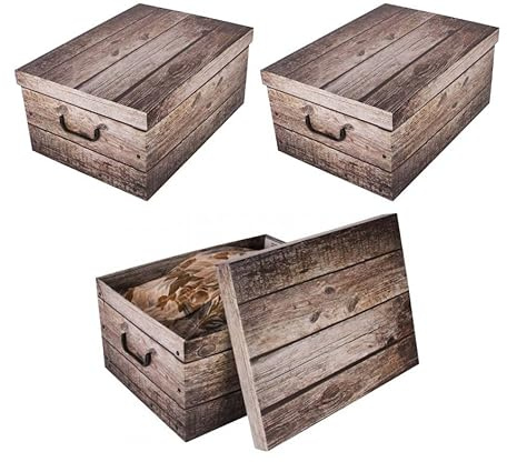 Kreher 3 Stück XL 45 Liter Deko-Kartons, Ordnungsboxen, Stapelboxen mit Deckel und Griffe, 51 x 37 x 24 cm (Holz Grau)