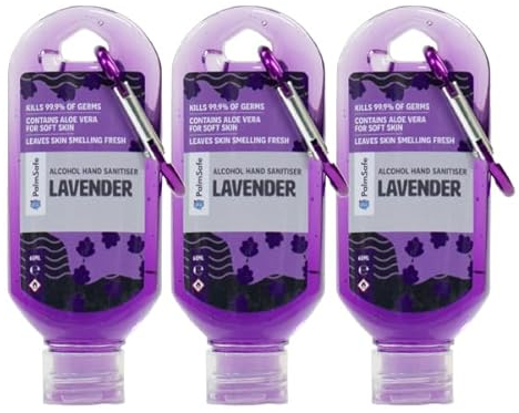 Palm Safe Lavender 3 Pack 60ml Anti Bacterial Premium Hand Sanitiser Travel Size Refillable Clip Bottle Quick Drying Non Sticky Extra Moisturising Kills 99.9% of Viruses and Bacteria