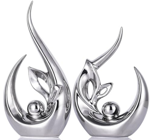 XMGZQ Silber Keramik Statue Satz von 2,Moderne Abstrakte Skulptur Design,24 cm Porzellan Figuren Haus Deko,Tischdekoration für Wohnzimmer,Schlafzimmer,Esszimmer,Büro,Kunststatue