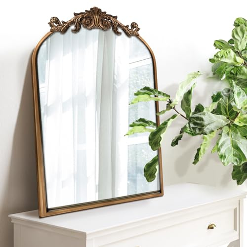 WAMIRRO Antique Mirror,Gold Traditional Vintage Ornate Baroque Arched Brass Wall Mounted Mirrors for Entryway/Fireplace/Living Room/Hallway/Bathroom 19X27