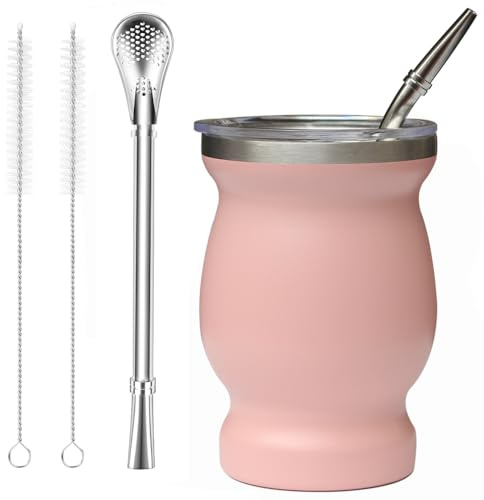 Beruth Tasse Yerba Maté en Acier Inoxydable avec Couvercle, Double paroi isolée Mate de calebasse, Comprend 2 Bombillas et 2 Brosse de Nettoyage（Rose）
