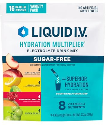 Liquid I.V.® Hydration Multiplier Sugar-Free Variety Pack - Raspberry Melon, Lemon Lime, White Peach, Green Grape | Electrolyte Powder Drink Mix | 1 Pack (16 Servings)