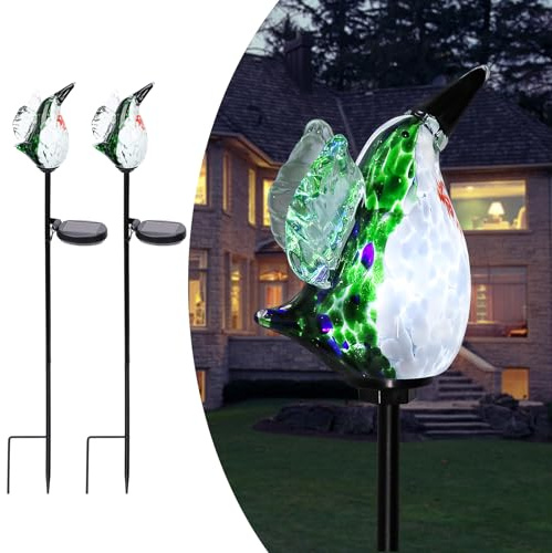 Afirst Solar Hummingbird Garden Stake Lights Hand Blown Glass Decorative Garden Pathway Lights Outdoor Waterproof Bird Glass Stakes 2 Pack
