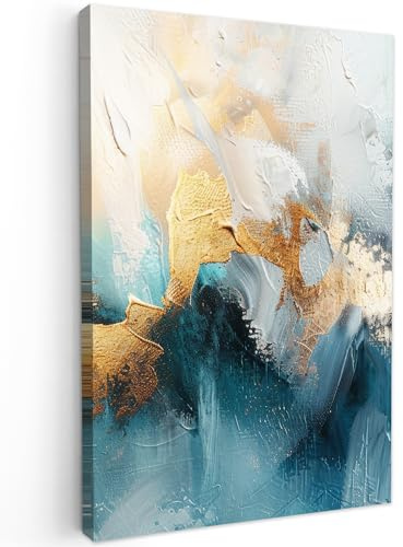 MuchoWow© Leinwandbilder Groß XXL Wall Art Decoration Bilder für die Wand | 80x120 cm - Schlafzimmer Deko Canvas Painting Wanddekoration Wohnzimmer Abstrakt - Kunst - Gold - Blau