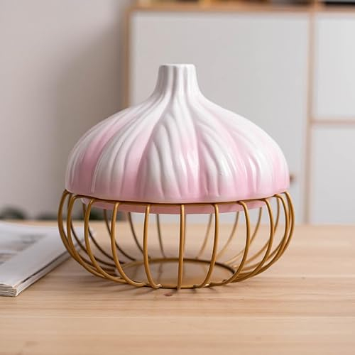 LUZBOSE egg storage basket kitchen decoration ceramic household iron storage basket with lid storage basket(17cm, Pink gold mesh)